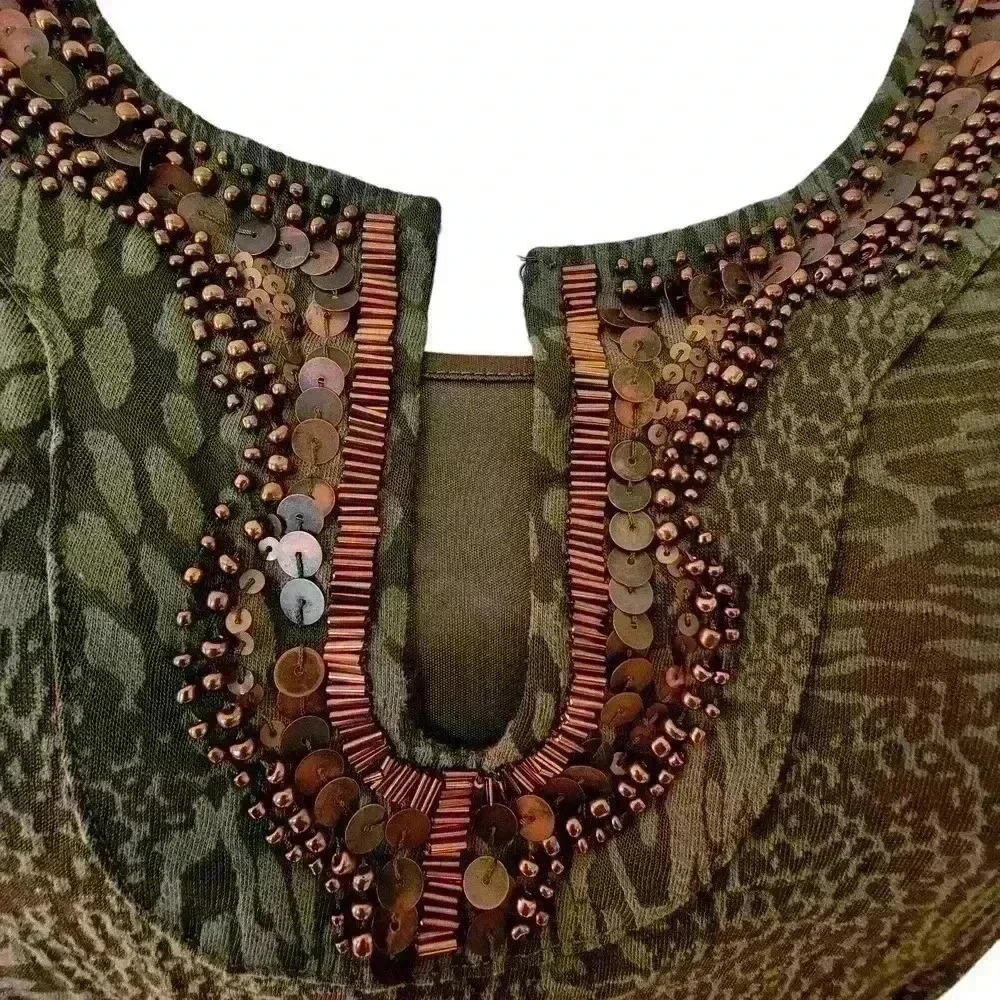 Alfani Sheer Blouse Top Olive Green Animal Print Beaded Neckline 2 Piece Size L - Picture 3 of 9